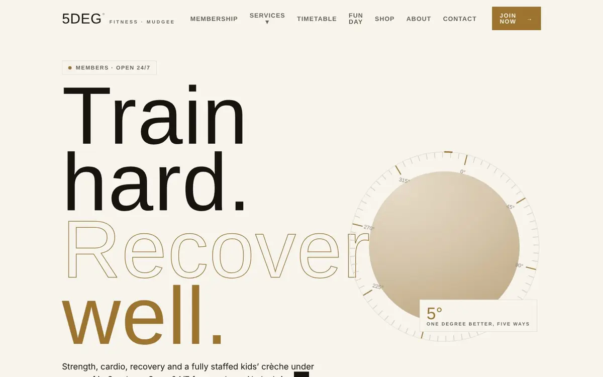 5DEG Fitness website homepage with the headline Train hard. Recover well.