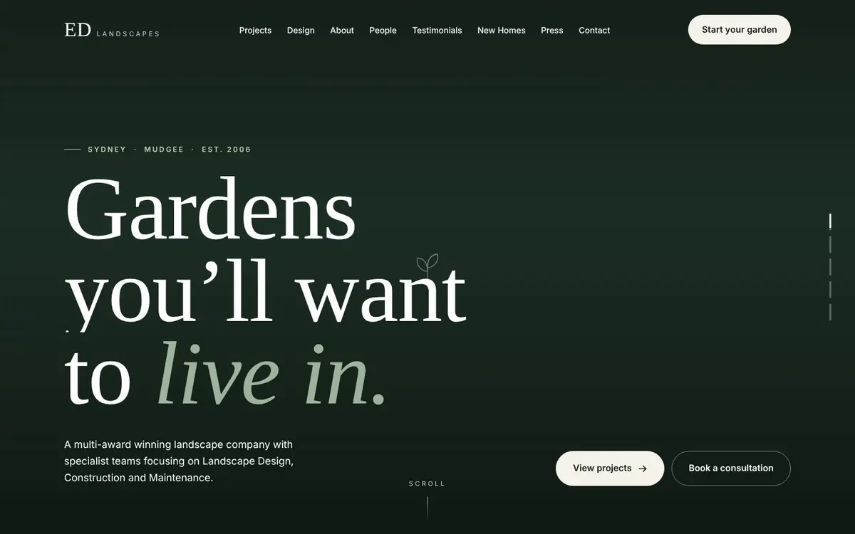 ED Landscapes website homepage with dark green hero and the headline Gardens you'll want to live in