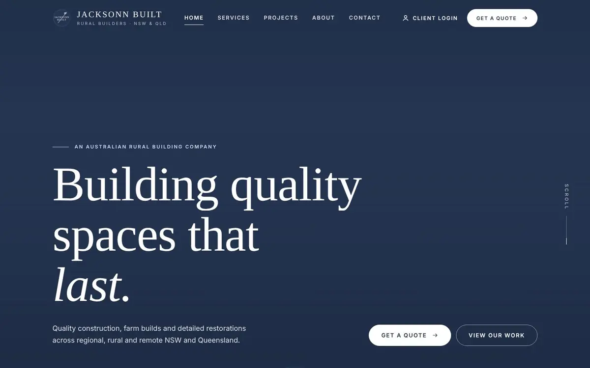 Jacksonn Built website homepage with navy hero and the headline Building quality spaces that last